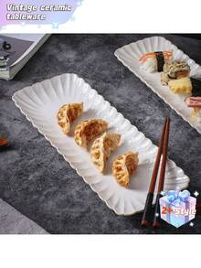 This Retro-Style, Long Ceramic Food Plate With A Chrysanthemum Pattern Is Perfect For Serving Sushi, Dumplings, And Other Similar Dishes. - Multicolor - View 7