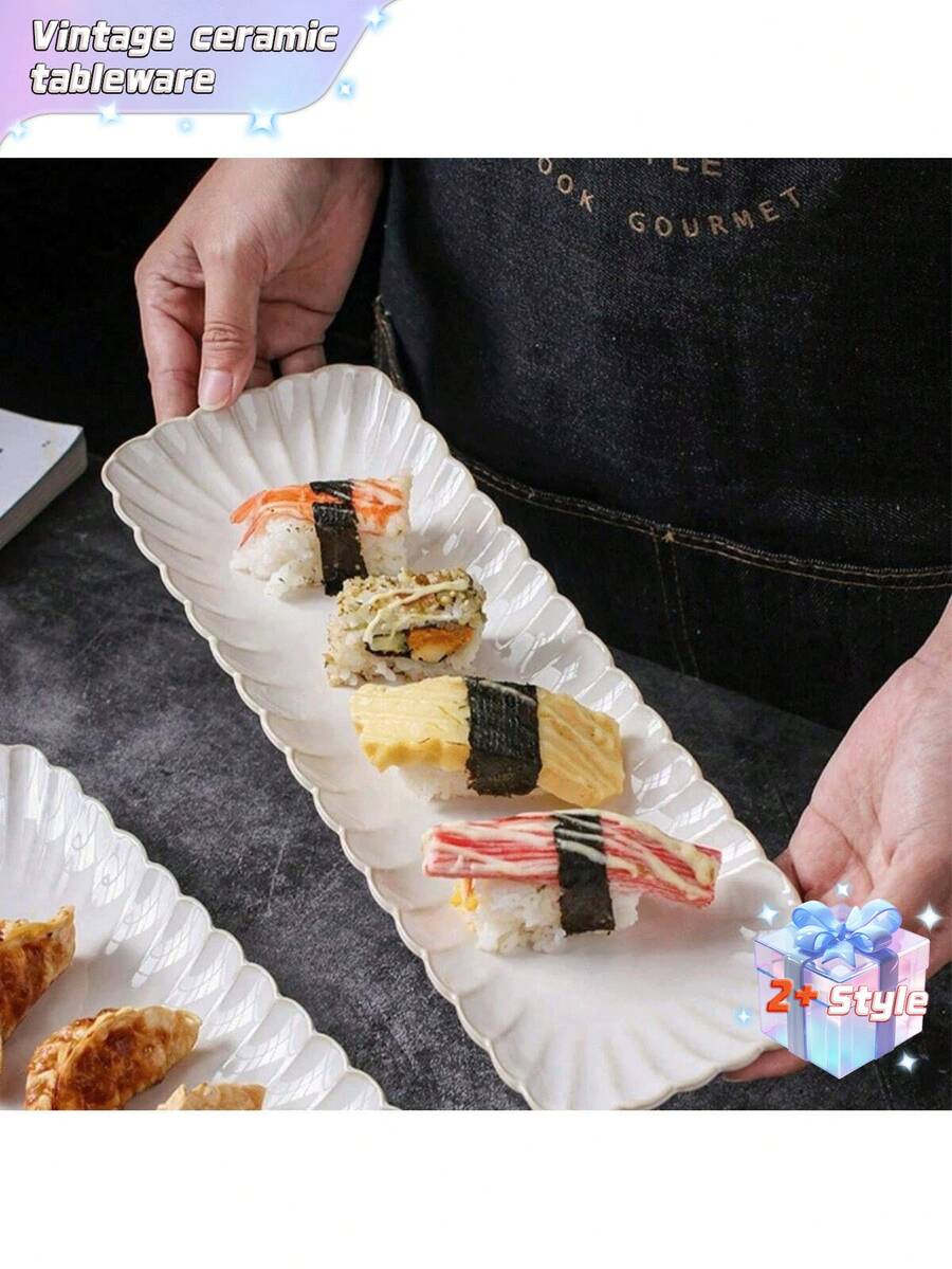 This Retro-Style, Long Ceramic Food Plate With A Chrysanthemum Pattern Is Perfect For Serving Sushi, Dumplings, And Other Similar Dishes. - Multicolor - View 1