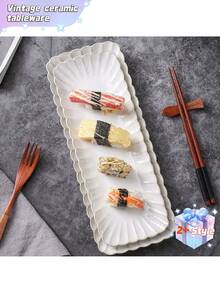 This Retro-Style, Long Ceramic Food Plate With A Chrysanthemum Pattern Is Perfect For Serving Sushi, Dumplings, And Other Similar Dishes. - Multicolor - View 8