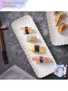 This Retro-Style, Long Ceramic Food Plate With A Chrysanthemum Pattern Is Perfect For Serving Sushi, Dumplings, And Other Similar Dishes. - Multicolor - View 6