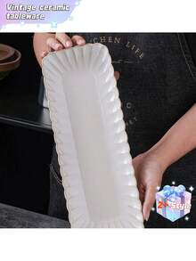 This Retro-Style, Long Ceramic Food Plate With A Chrysanthemum Pattern Is Perfect For Serving Sushi, Dumplings, And Other Similar Dishes. - Multicolor - View 10