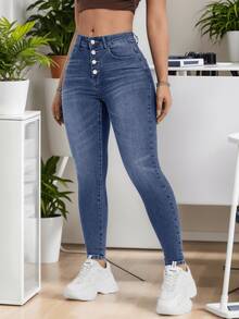 Vaqueros ajustados elásticos azules para mujer, diseño con múltiples botones, pantalones vaqueros lavados versátiles diarios. - Azul - Ver 2
