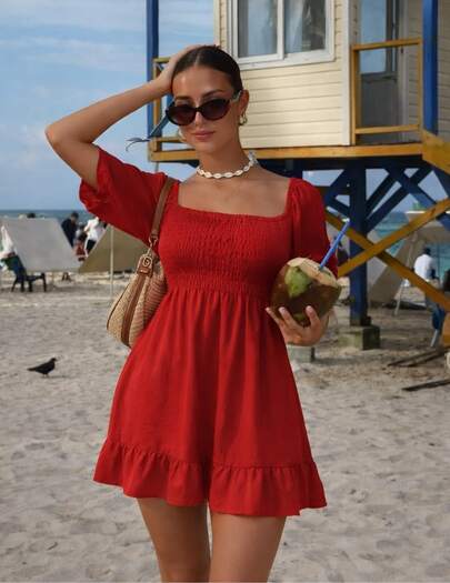 Vestido mujer corto rojo bohemio con escote cuadrado y  fruncido tipo nido de abeja manga corta farol vuelo con olanes viscosa ligera verano playa casual vacaciones diario cómodo fresco juvenil