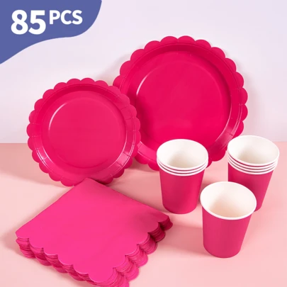 Magenta Petal Disposable Plates, Napkins And Cups Set, Serves 20 Guests. This Disposable Party Supplies Set (Including Plates, Napkins And Cups) Is Perfect For Birthday Parties, Weddings And Family Picnics.