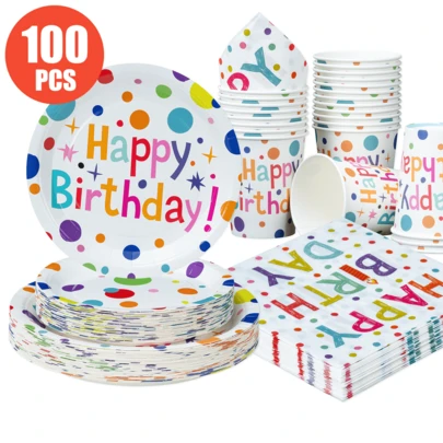 Colorful Polka Dot Disposable Plates, Napkins, And Cups For A Happy Birthday, Birthday-Themed Plates, Napkins, And Paper Cups For Party Supplies, Suitable For 25 Guests. Disposable Paper Plates And Party Tableware Are Perfect For Birthday Weddings, Family Picnics, And Other Parties