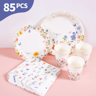 White With Floral Print Disposable Plates, Napkins And Cups Set, Serves 20 Guests. This Disposable Party Supplies Set (Including Plates, Napkins And Cups) Is Perfect For Birthday Parties, Weddings And Family Picnics.