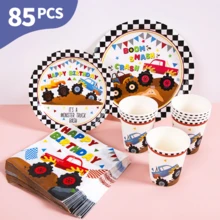Black And White Plaid Mountain Bike Disposable Plates, Napkins And Cups Set, Serves 20 Guests. This Disposable Party Supplies Set (Including Plates, Napkins And Cups) Is Perfect For Birthday Parties, Weddings And Family Picnics. - View 1