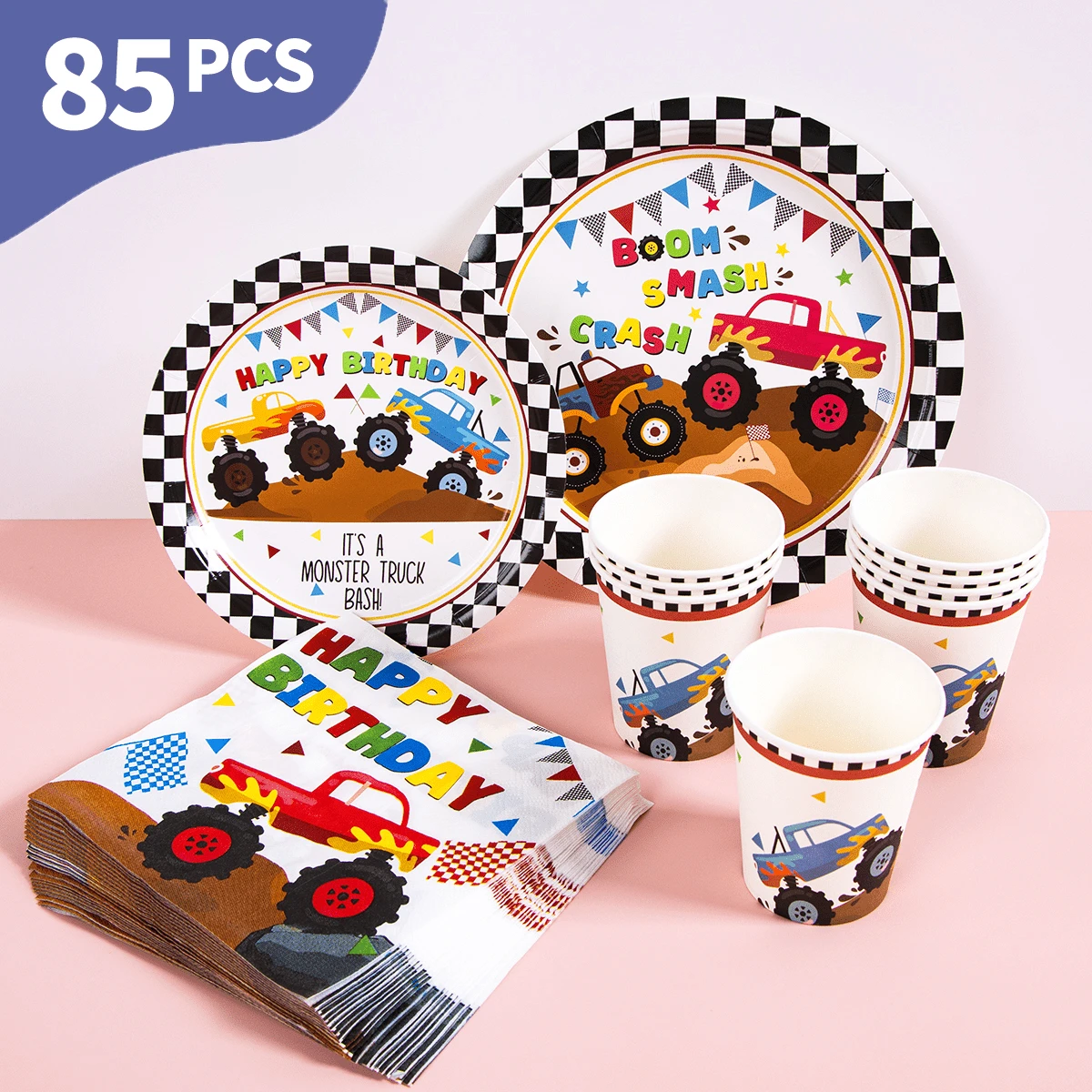 Black And White Plaid Mountain Bike Disposable Plates, Napkins And Cups Set, Serves 20 Guests. This Disposable Party Supplies Set (Including Plates, Napkins And Cups) Is Perfect For Birthday Parties, Weddings And Family Picnics. - View 1