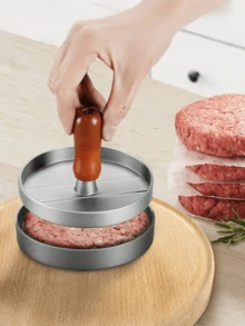 专为汉堡肉饼压制器设计：圆形木柄，喷漆铝合金汉堡肉饼压制板，饭团压制肉馅饼模具。 - 銀色 - 查看 3