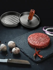 专为汉堡肉饼压制器设计：圆形木柄，喷漆铝合金汉堡肉饼压制板，饭团压制肉馅饼模具。 - 銀色 - 查看 1