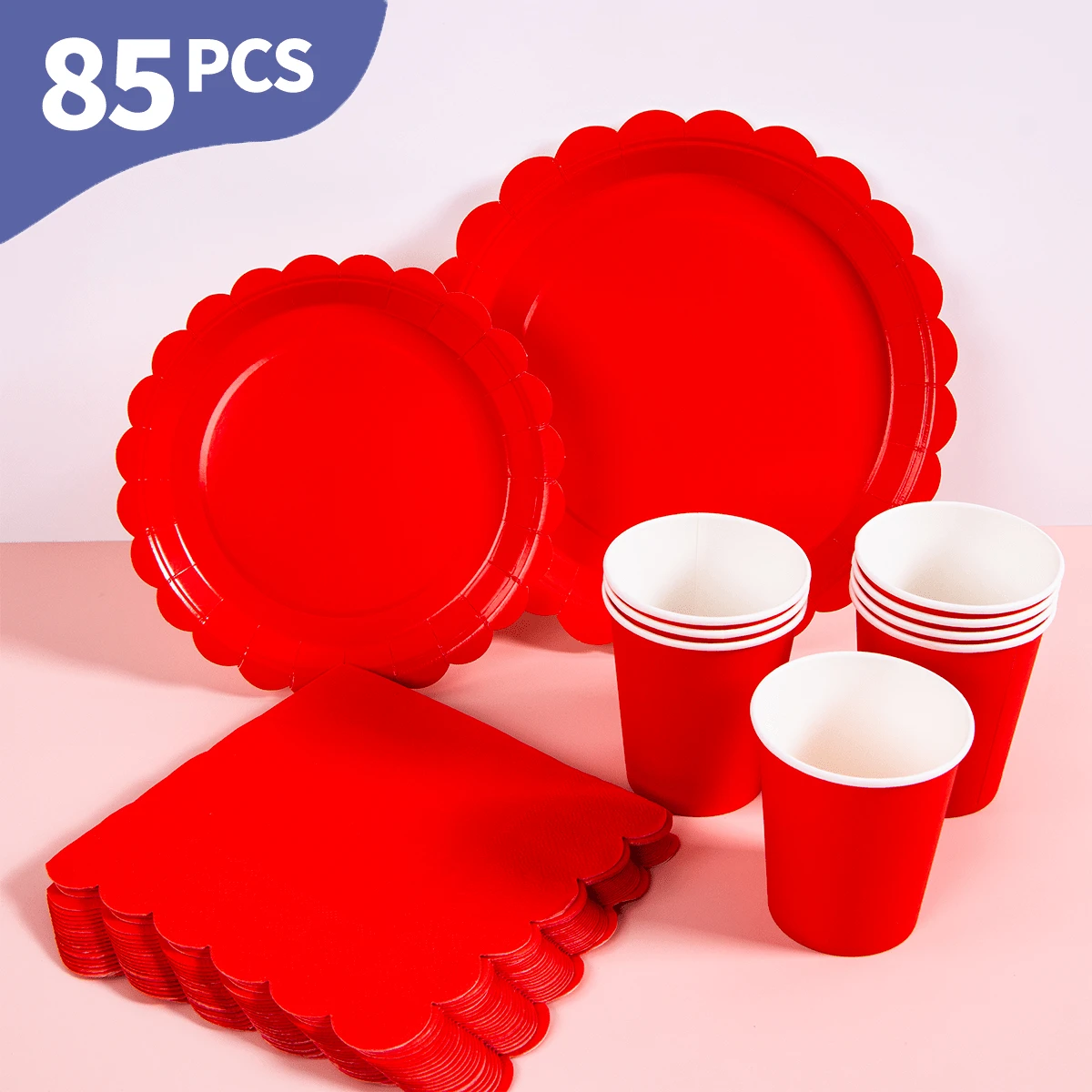 Bộ đĩa, khăn ăn và cốc dùng một lần màu đỏ tươi họa tiết cánh hoa, phục vụ 20 người. Bộ đồ dùng tiệc dùng một lần này (bao gồm đĩa, khăn ăn và cốc) rất phù hợp cho các bữa tiệc sinh nhật, đám cưới và dã ngoại gia đình. - Xem 1