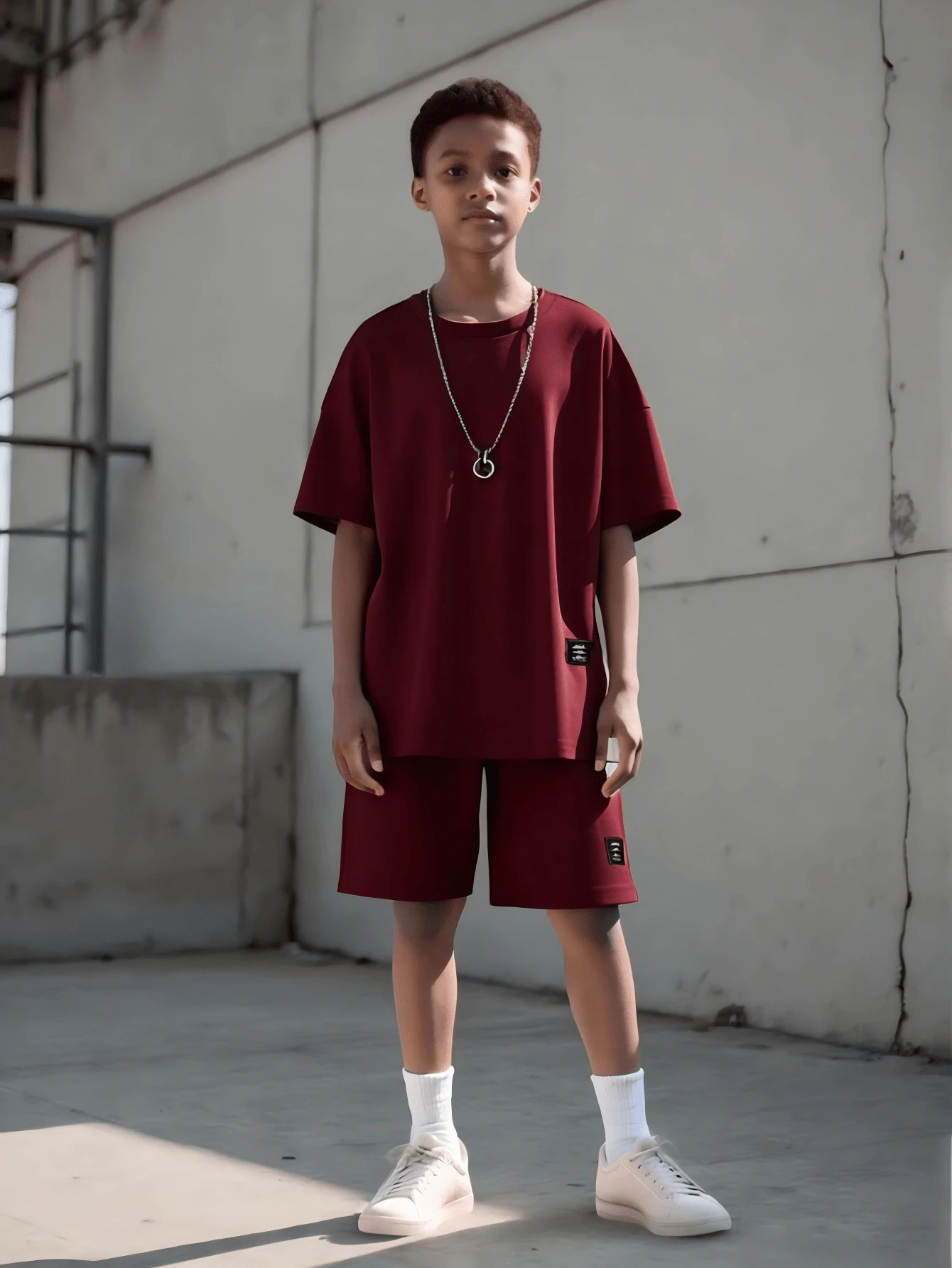 SHEIN Set Kasual 2 Potong untuk Anak Laki-Laki Usia Remaja, Kaos Lengan Pendek dan Celana Pendek dengan Motif Huruf - Burgundy - View 1