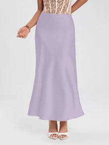 Glamine Falda de satén para mujer, falda con dobladillo de cola de pez versátil, para uso diario, falda larga marrón, faldas para uso formal, faldas largas para mujer, falda midi Y2K, falda larga para mujer, falda midi elegante y formal - Morado - Ver 5