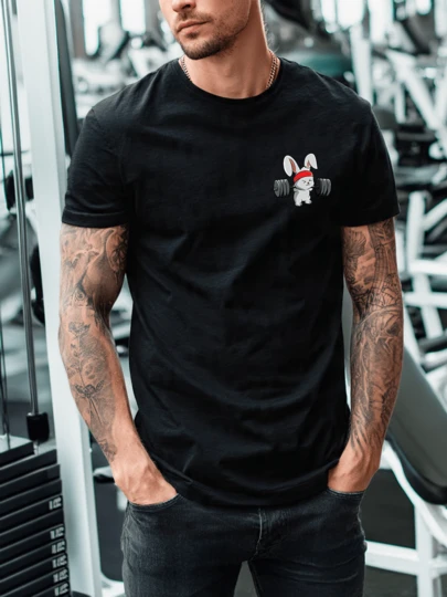 Playera Unisex 100% Algodón Peinado Cuello Redondo Modelo Conejito Haciendo Pesas Estilo Unisex, Fresca y Cómoda, Para Uso Diario, Streetwear, Conciertos, Chistosas, Creativas, Gimnasio, Deportes