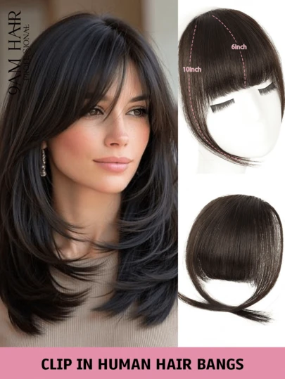 Clip In Bangs Real Human Hair Bangs Hair Clip Fringe With Temples Hairpieces For Women Natural Looking Fake Bangs For Daily Wear Human Hair Wispy Bangs Clip In Hair Extensions (Natural Black Color)