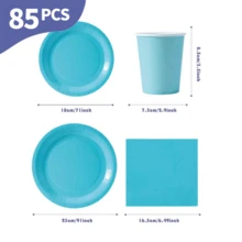 Bộ bát đĩa, khăn ăn và cốc dùng một lần màu xanh nhạt, phục vụ 20 người. Bộ đồ dùng tiệc dùng một lần này (bao gồm bát đĩa, khăn ăn và cốc) rất phù hợp cho các bữa tiệc sinh nhật, đám cưới và dã ngoại gia đình. - Xem 2