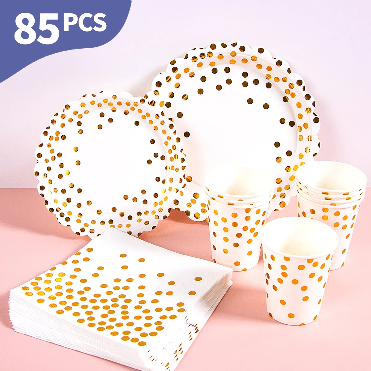 Bộ đĩa, khăn ăn và cốc dùng một lần màu trắng họa tiết cánh hoa chấm bi vàng, phục vụ 20 người. Bộ đồ dùng tiệc dùng một lần này (bao gồm đĩa, khăn ăn và cốc) rất phù hợp cho các bữa tiệc sinh nhật, đám cưới và dã ngoại gia đình. - Xem 1