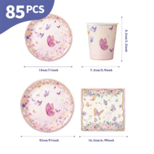 粉色底小蝴蝶图案一次性餐盘、餐巾纸和杯子套装，可供20位客人使用。这款一次性派对用品套装（包括餐盘、餐巾纸和杯子）非常适合生日派对、婚礼和家庭野餐。 - 查看 2