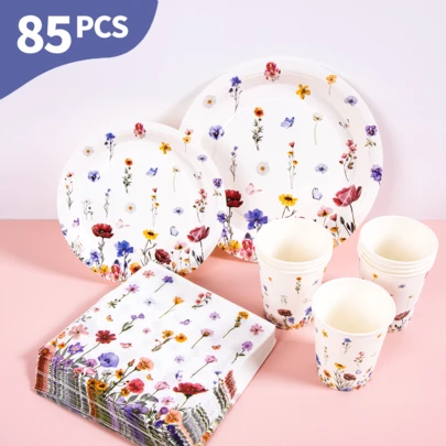 White Base Floral Disposable Plates, Napkins And Cups Set, Serves 20 Guests. This Disposable Party Supplies Set (Including Plates, Napkins And Cups) Is Perfect For Birthday Parties, Weddings And Family Picnics.