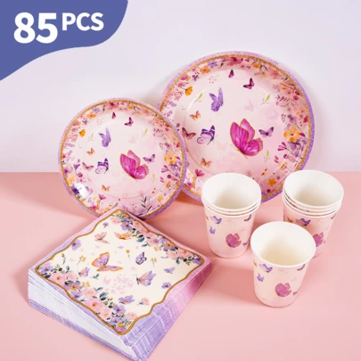 Pink Base Small Butterfly Disposable Plates, Napkins And Cups Set, Serves 20 Guests. This Disposable Party Supplies Set (Including Plates, Napkins And Cups) Is Perfect For Birthday Parties, Weddings And Family Picnics.
