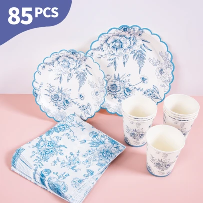 White Base Blue And White Porcelain Disposable Plates, Napkins And Cups Set, Serves 20 Guests. This Disposable Party Supplies Set (Including Plates, Napkins And Cups) Is Perfect For Birthday Parties, Weddings And Family Picnics.