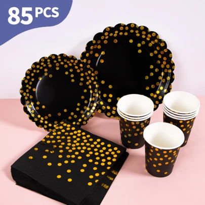 Black Base Gold Dot Petal Disposable Plates, Napkins And Cups Set, Serves 20 Guests. This Disposable Party Supplies Set (Including Plates, Napkins And Cups) Is Perfect For Birthday Parties, Weddings And Family Picnics.