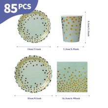 Bộ đĩa, khăn ăn và cốc dùng một lần màu xanh lá cây chấm bi vàng hình cánh hoa, phục vụ 20 người. Bộ đồ dùng tiệc dùng một lần này (bao gồm đĩa, khăn ăn và cốc) rất phù hợp cho các bữa tiệc sinh nhật, đám cưới và dã ngoại gia đình. - Xem 2