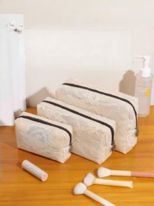 1pc/3pcs Elegant Lace Cosmetic Bag, Women's Large Capacity Waterproof Travel Makeup Organizer, Holiday Mesh Design Gift Pouch ,Makeup Bag - Beige - View 8