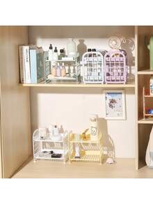1 Multifunctional Foldable Double-Layer Hollow Design Storage Rack - Made Of Easy To Clean Plastic Material, Suitable For Various Purposes Such As Cosmetics, Jewelry, Bathroom And Desktop. Kitchen And Bathroom Supplies Storage Rack, Storage Basket, Double-Layer Folding Storage Rack, Suitable For Cosmetics And Jewelry, Simple Household Desktop Bathroom Storage Rack, Storage Rack - Multicolor - View 3