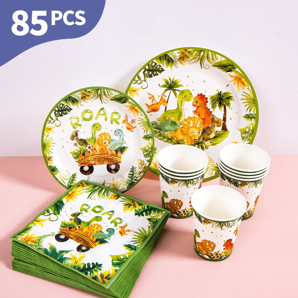 Bộ đĩa, khăn ăn và cốc dùng một lần hình khủng long gầm rú, phục vụ 20 khách. Bộ đồ dùng tiệc dùng một lần này (bao gồm đĩa, khăn ăn và cốc) rất phù hợp cho các bữa tiệc sinh nhật, đám cưới và dã ngoại gia đình. - Xem 1