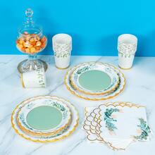 Green Leaves Gold Rim Fresh Disposable Plates, Napkins And Cups Set, Serves 8 Guests.This Disposable Party Set (Including Plates, Napkins And Cups) Is Perfect For Birthday Parties, Weddings And Family Picnics. - View 4