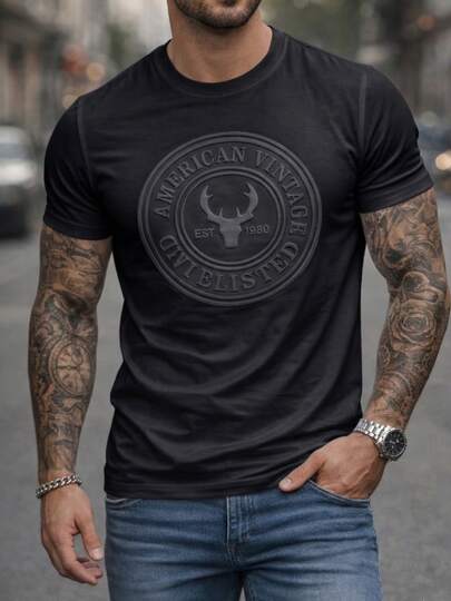 MODA MANIA Playera para Hombre Manga Corta Cuello Redondo Algodón Premium Suave Transpirable Estampado Relieve Vintage Ajuste Atlético Camiseta Casual Minimalista Streetwear para Uso Diario