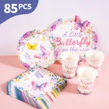 Little Butterfly Happy Birthday Disposable Plates, Napkins And Cups Set, Serves 20 Guests. This Disposable Party Supplies Set (Including Plates, Napkins And Cups) Is Perfect For Birthday Parties, Weddings And Family Picnics. - View 1