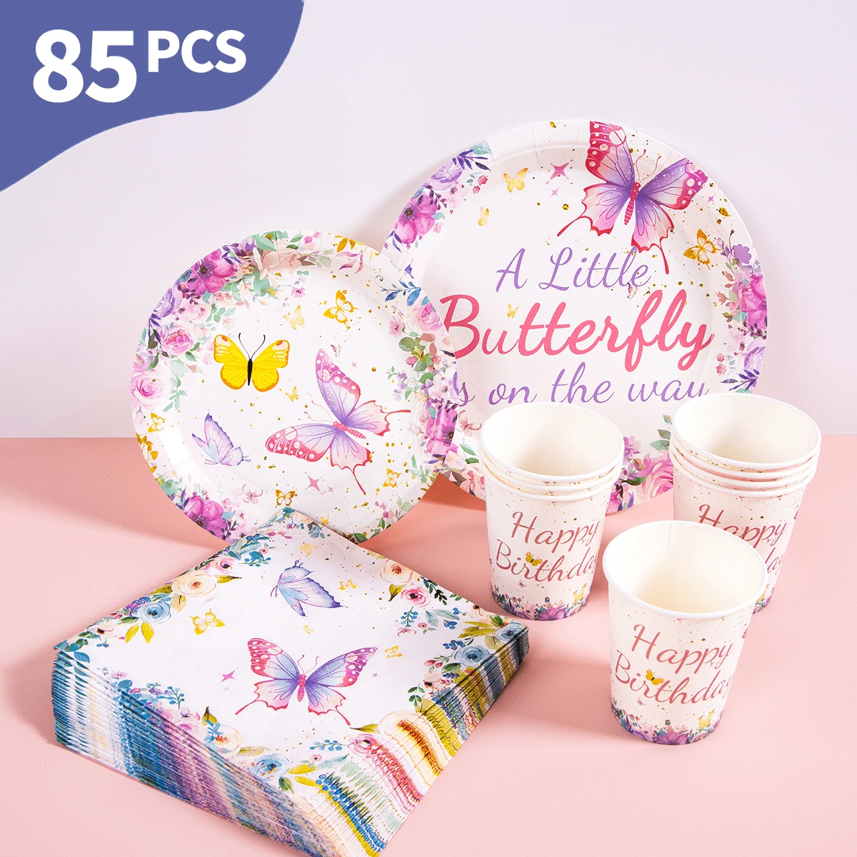 Little Butterfly Happy Birthday Disposable Plates, Napkins And Cups Set, Serves 20 Guests. This Disposable Party Supplies Set (Including Plates, Napkins And Cups) Is Perfect For Birthday Parties, Weddings And Family Picnics. - View 1
