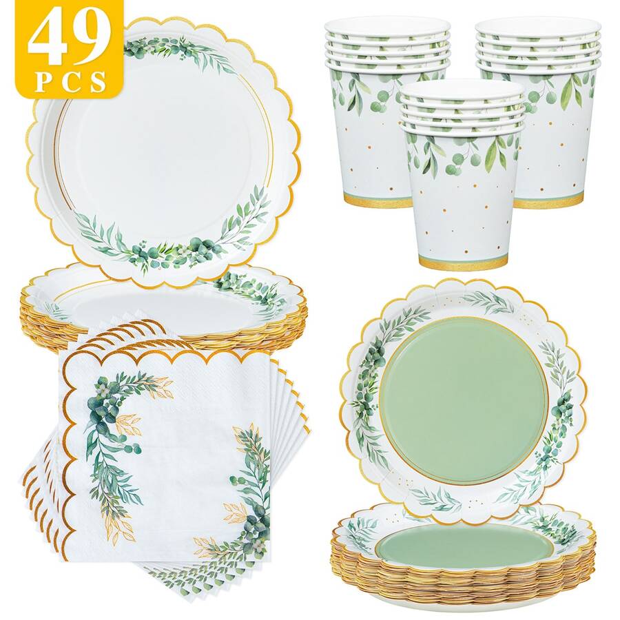 Green Leaves Gold Rim Fresh Disposable Plates, Napkins And Cups Set, Serves 8 Guests.This Disposable Party Set (Including Plates, Napkins And Cups) Is Perfect For Birthday Parties, Weddings And Family Picnics. - View 1