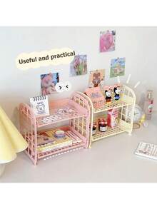 1 Multifunctional Foldable Double-Layer Hollow Design Storage Rack - Made Of Easy To Clean Plastic Material, Suitable For Various Purposes Such As Cosmetics, Jewelry, Bathroom And Desktop. Kitchen And Bathroom Supplies Storage Rack, Storage Basket, Double-Layer Folding Storage Rack, Suitable For Cosmetics And Jewelry, Simple Household Desktop Bathroom Storage Rack, Storage Rack - Multicolor - View 6