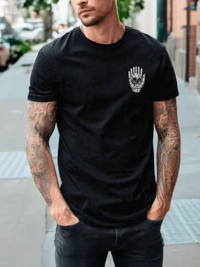 Playera Unisex 100% Algodón Peinado Cuello Redondo Modelo Calavera Reposada En Mano Con Impresion De Billetes Estilo Unisex, Fresca y Cómoda, Para Uso Diario, Streetwear, Conciertos, Chistosas, Creativas, Gimnasio, Deportes