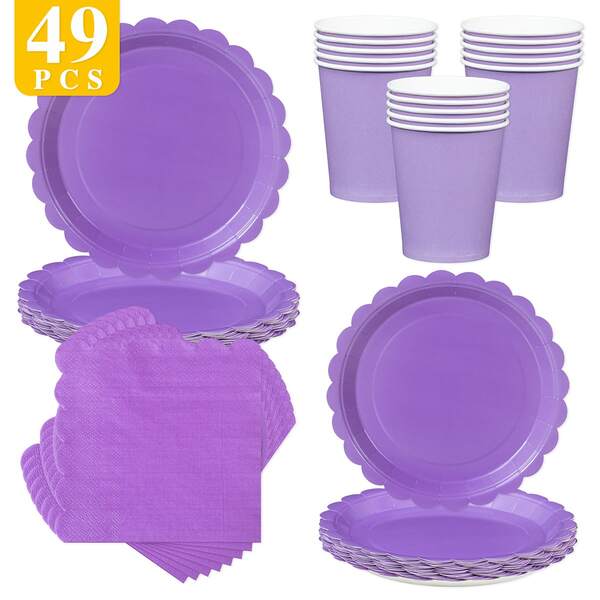 Purple Floral Disposable Plates, Napkins And Cups Set, Serves 8 Guests. This Disposable Party Supplies Set (Including Plates, Napkins And Cups) Is Perfect For Birthday Parties, Weddings And Family Picnics.