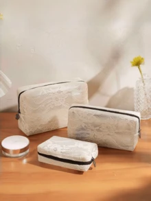 1pc/3pcs Elegant Lace Cosmetic Bag, Women's Large Capacity Waterproof Travel Makeup Organizer, Holiday Mesh Design Gift Pouch ,Makeup Bag - Beige - View 6