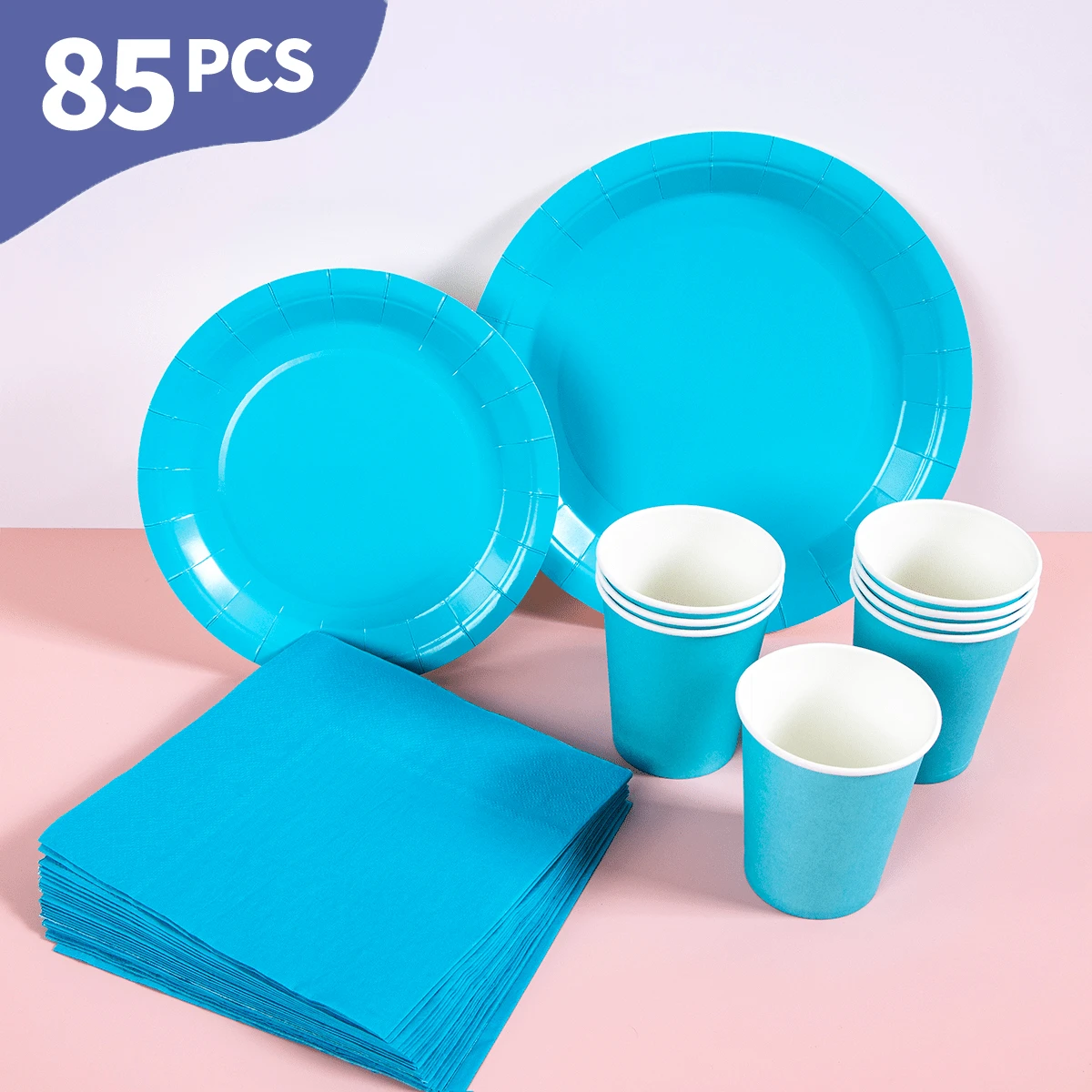 Bộ bát đĩa, khăn ăn và cốc dùng một lần màu xanh nhạt, phục vụ 20 người. Bộ đồ dùng tiệc dùng một lần này (bao gồm bát đĩa, khăn ăn và cốc) rất phù hợp cho các bữa tiệc sinh nhật, đám cưới và dã ngoại gia đình. - Xem 1