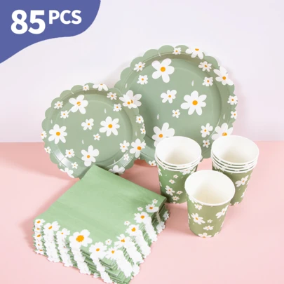 Sage Green Base White Floral Petal Disposable Plates, Napkins And Cups Set, Serves 20 Guests. This Disposable Party Supplies Set (Including Plates, Napkins And Cups) Is Perfect For Birthday Parties, Weddings And Family Picnics.