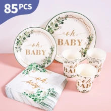 植物主题 Oh Baby 一次性餐盘、餐巾纸和杯子套装，可供 20 位客人使用。这款一次性派对用品套装（包括餐盘、餐巾纸和杯子）非常适合生日派对、婚礼和家庭野餐。 - 查看 1