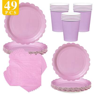 Purple Pink Floral Disposable Plates, Napkins And Cups Set, Serves 8 Guests. This Disposable Party Supplies Set (Including Plates, Napkins And Cups) Is Perfect For Birthday Parties, Weddings And Family Picnics.