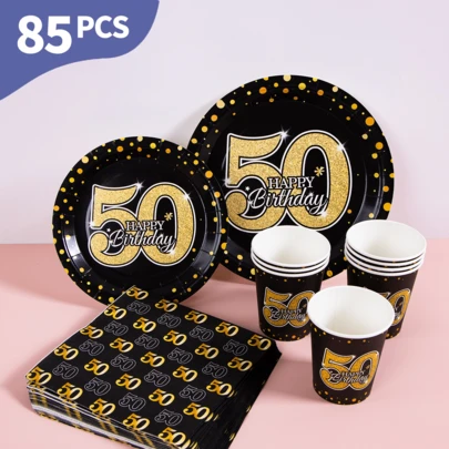 50th Gold Polka Dots Happy Birthday Disposable Plates, Napkins And Cups Set, Serves 20 Guests. This Disposable Party Supplies Set (Including Plates, Napkins And Cups) Is Perfect For Birthday Parties, Weddings And Family Picnics.
