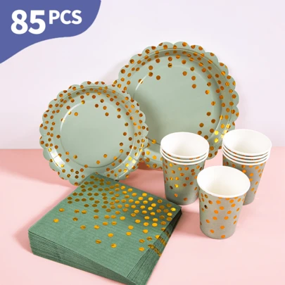 Green Base Gold Dot Petal Disposable Plates, Napkins And Cups Set, Serves 20 Guests. This Disposable Party Supplies Set (Including Plates, Napkins And Cups) Is Perfect For Birthday Parties, Weddings And Family Picnics.