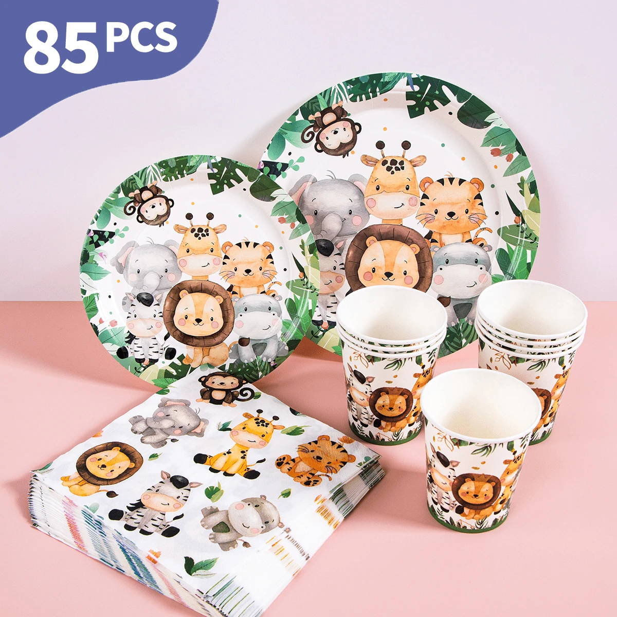 丛林动物一次性餐盘、餐巾纸和杯子套装，可供20位客人使用。这款一次性派对用品套装（包括餐盘、餐巾纸和杯子）非常适合生日派对、婚礼和家庭野餐。 - 查看 1