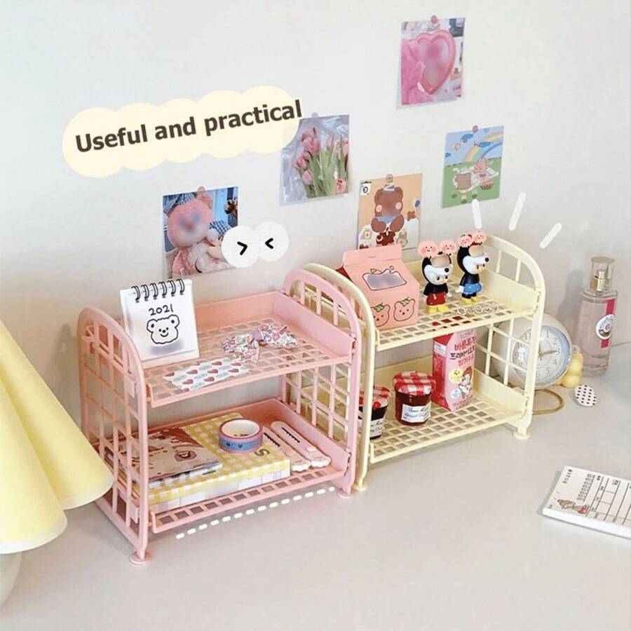 1 Multifunctional Foldable Double-Layer Hollow Design Storage Rack - Made Of Easy To Clean Plastic Material, Suitable For Various Purposes Such As Cosmetics, Jewelry, Bathroom And Desktop. Kitchen And Bathroom Supplies Storage Rack, Storage Basket, Double-Layer Folding Storage Rack, Suitable For Cosmetics And Jewelry, Simple Household Desktop Bathroom Storage Rack, Storage Rack - Multicolor - View 1