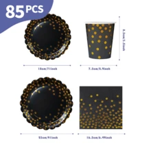 黑色底金色圆点花瓣一次性餐盘、餐巾纸和杯子套装，可供20位客人使用。这款一次性派对用品套装（包括餐盘、餐巾纸和杯子）非常适合生日派对、婚礼和家庭野餐。 - 查看 2