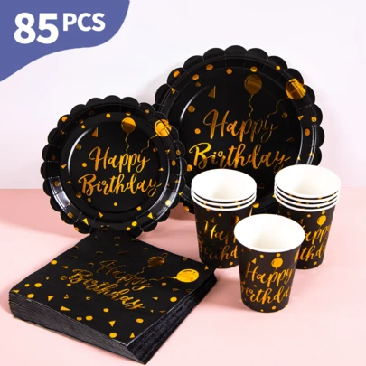 Black Base Gold Birthday Balloon Petal Disposable Plates, Napkins And Cups Set, Serves 20 Guests. This Disposable Party Supplies Set (Including Plates, Napkins And Cups) Is Perfect For Birthday Parties, Weddings And Family Picnics.
