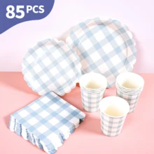 蓝白格子花瓣图案一次性餐盘、餐巾纸和杯子套装，可供20位客人使用。这款一次性派对用品套装（包括餐盘、餐巾纸和杯子）非常适合生日派对、婚礼和家庭野餐。 - 查看 1